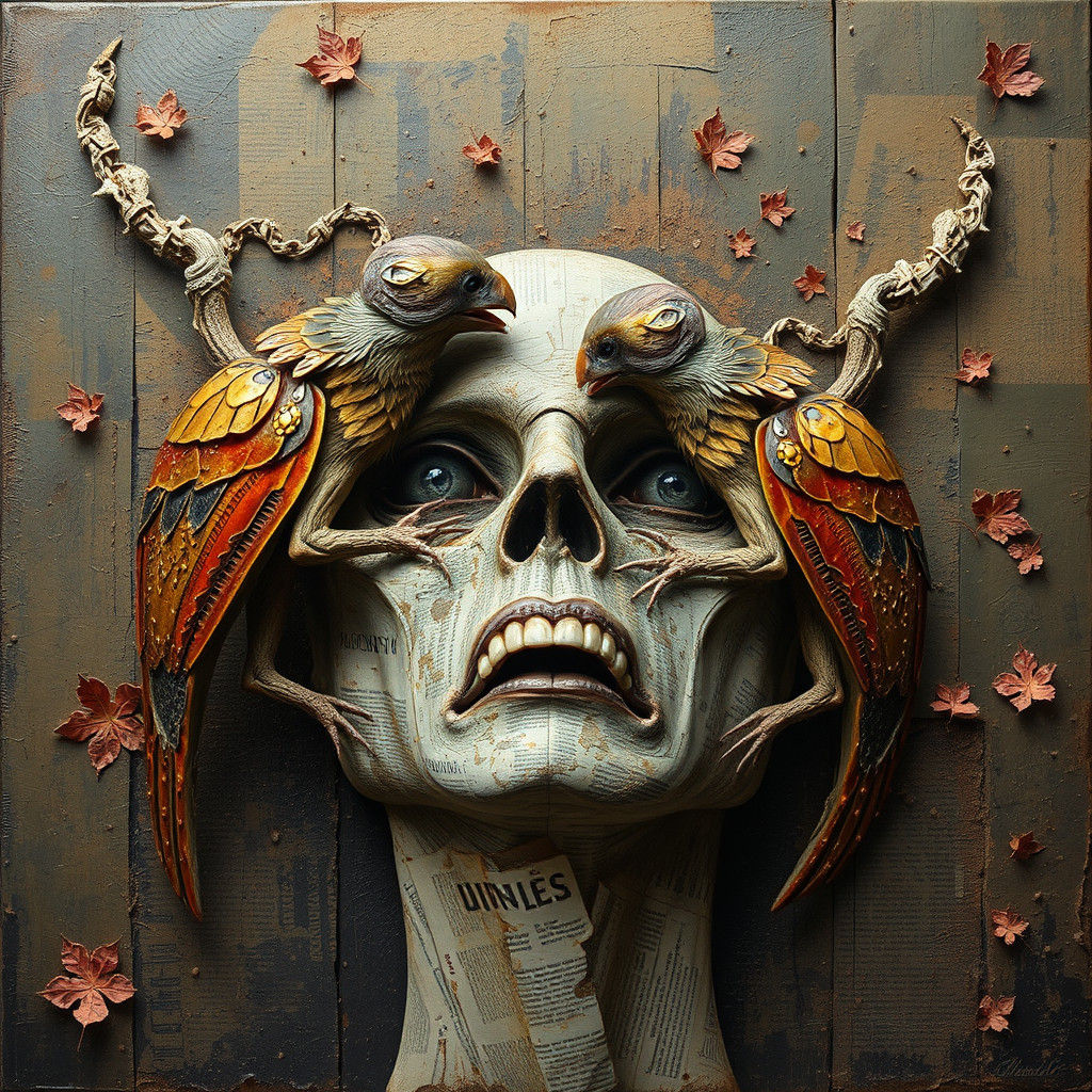 Surreal Weasels Feast in Autumnal Impasto Collage