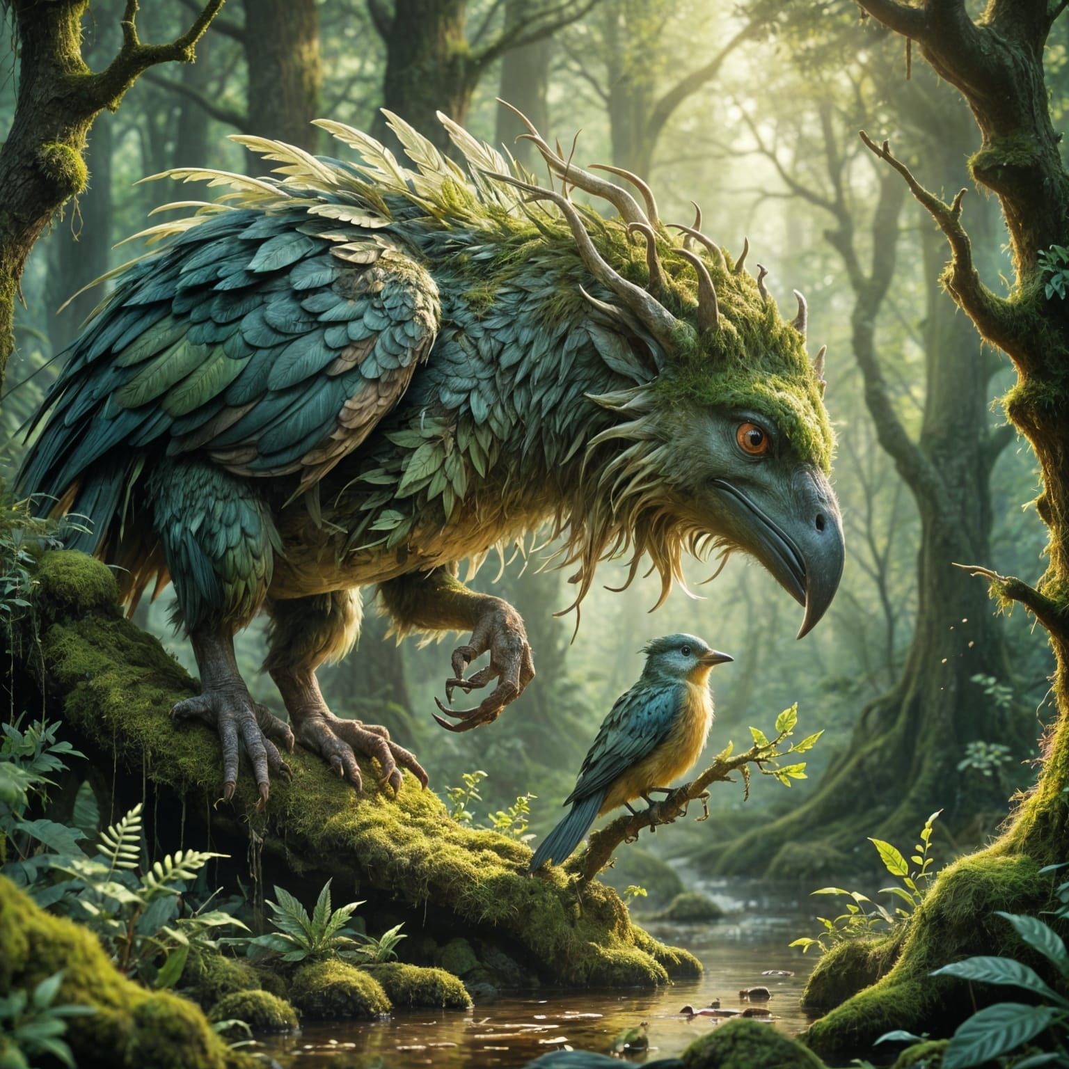 Giant Moss Creature Holds Bird