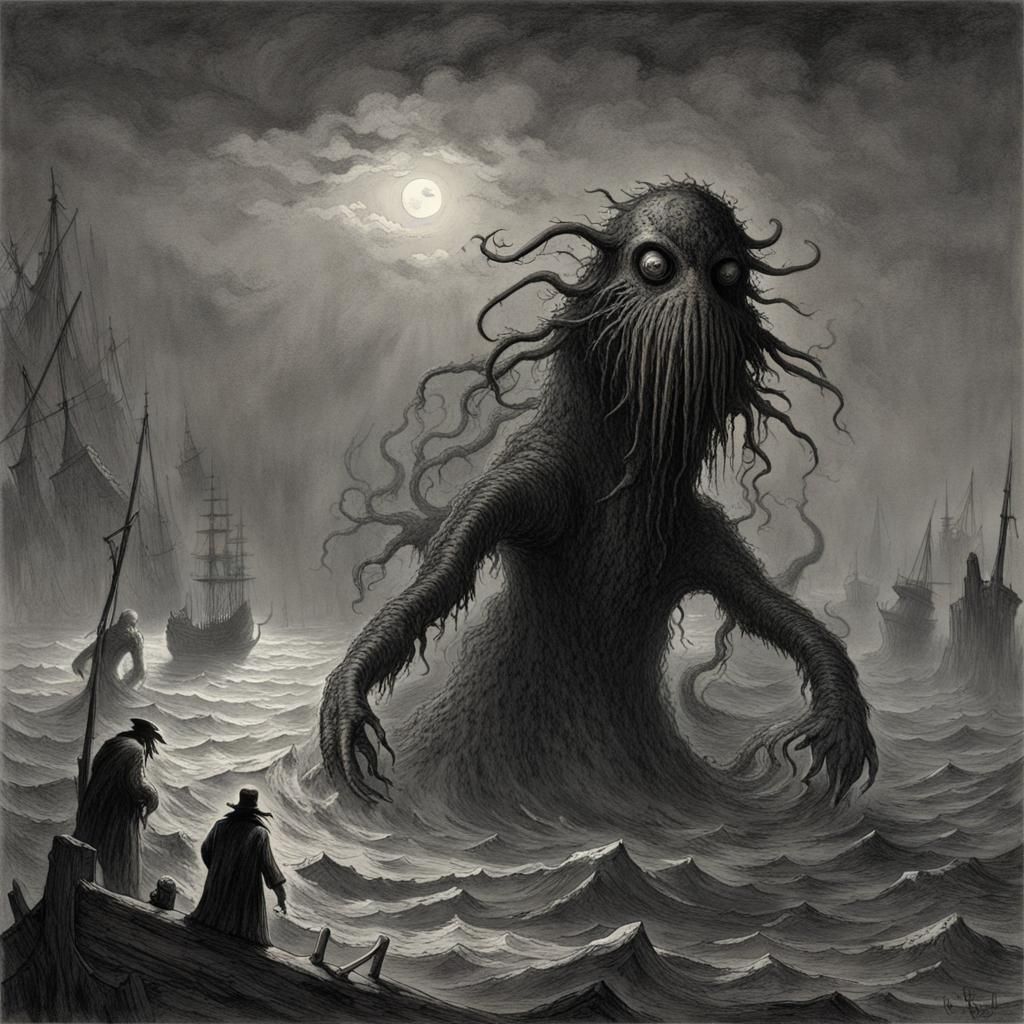 Voodoo Sea Monster in Horror Engraving Style