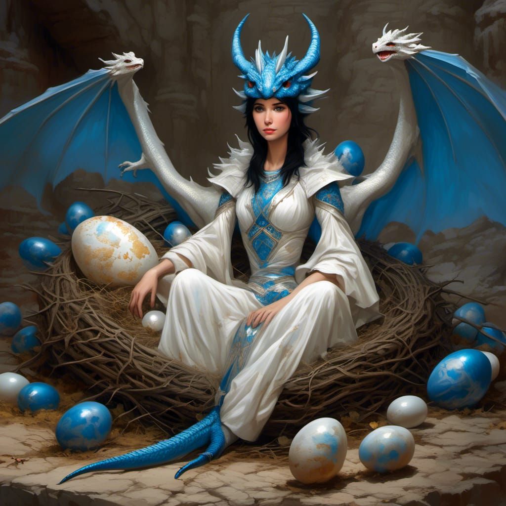 Female, short black hair, blue eyes, white/blue outfit, laying in nest full of eggs.  Dragon, blue, standing beside nest...