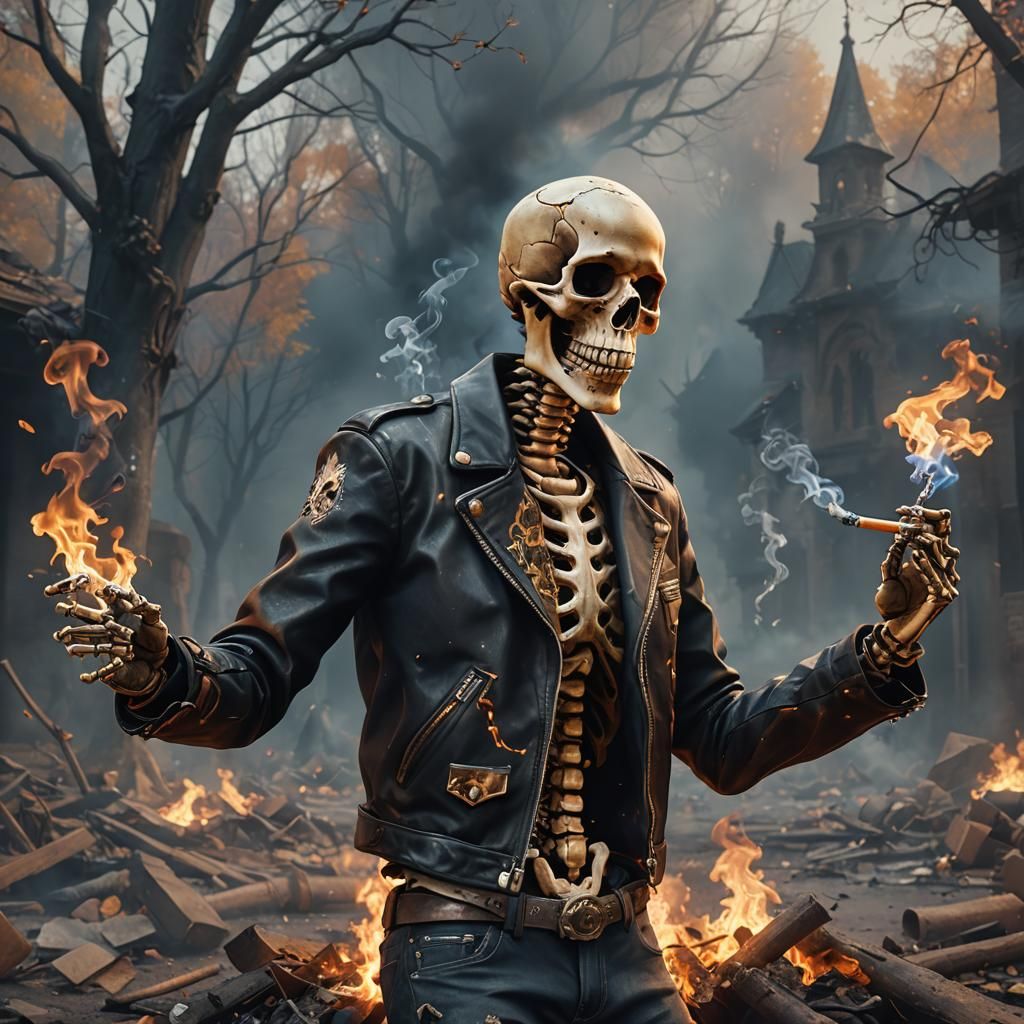 Smoking Skeleton in Burning Leather Jacket