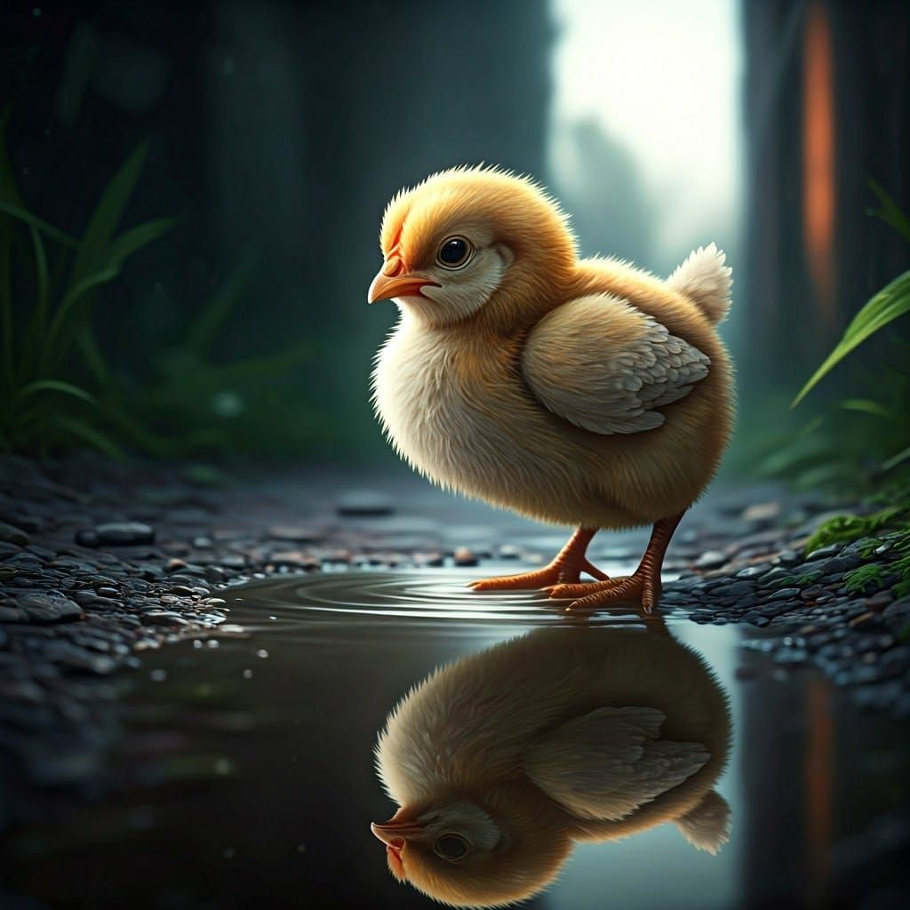Hyper-Realistic Chick Contemplates Majestic Rooster in Puddl...