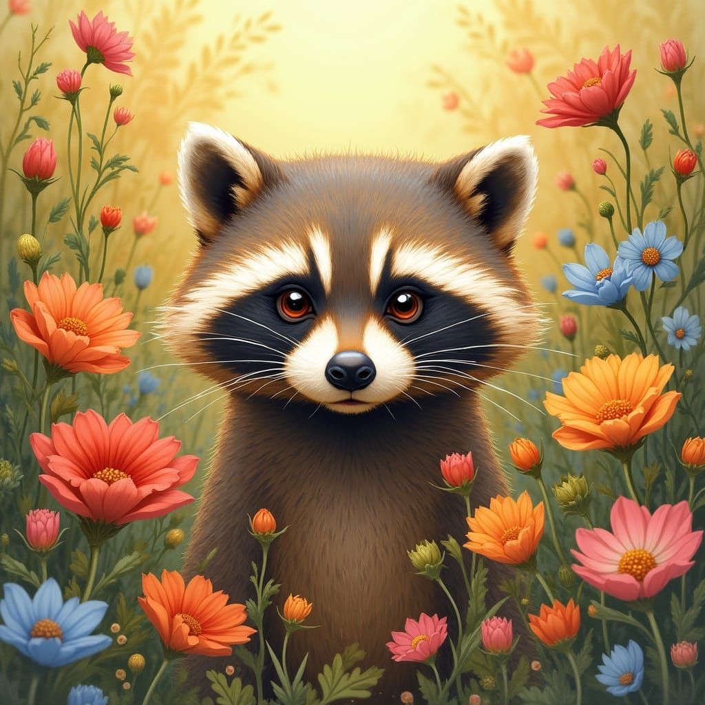 Raccoon Peeking Through Flowers, Whimsical Art Style