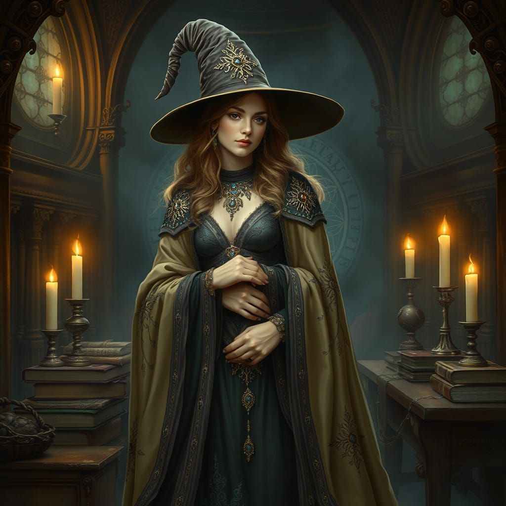 Mystical Female Wizard in Dreamy Art Nouveau Elegance