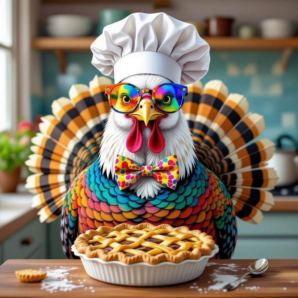 Chef Turkey Tail Bird in Psychedelic Glasses, Watercolour Mi...