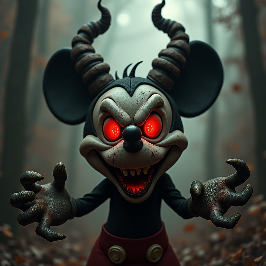 Mickey Mouse as a demon, with horns and an evil smile.
