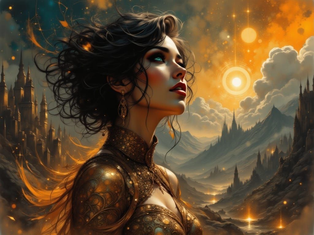 Woman Gazing at Fire-Lit Sky in Fantasy Art Style
