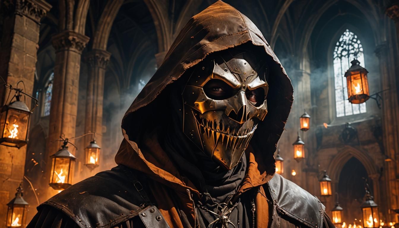 Portrait of an older Scarecrow wearing a brown leather hoode...