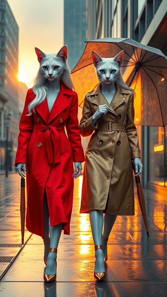 Stylish Cat-Women Stroll a Rainy City Street