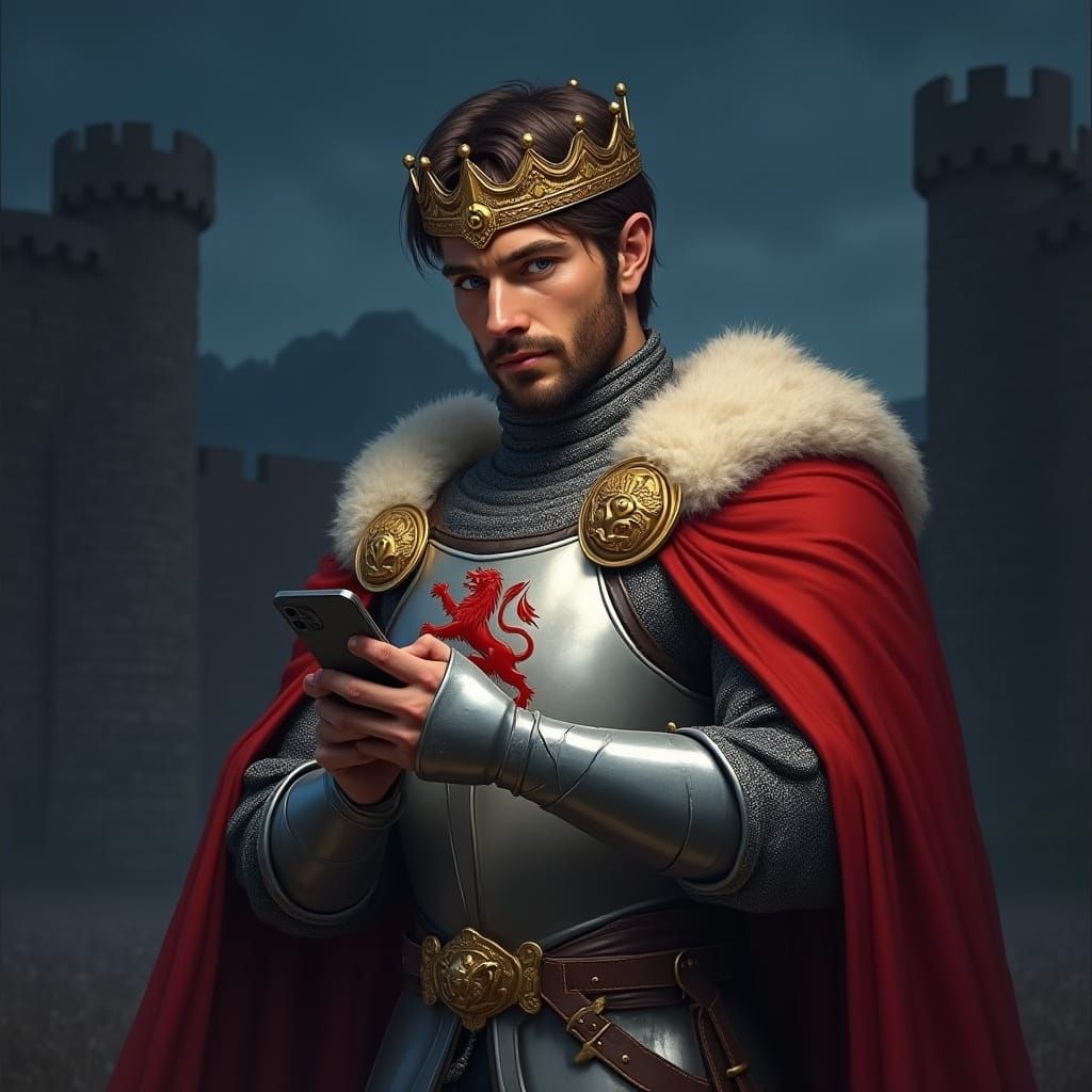 King Arthur Checks His Phone, Digital Art