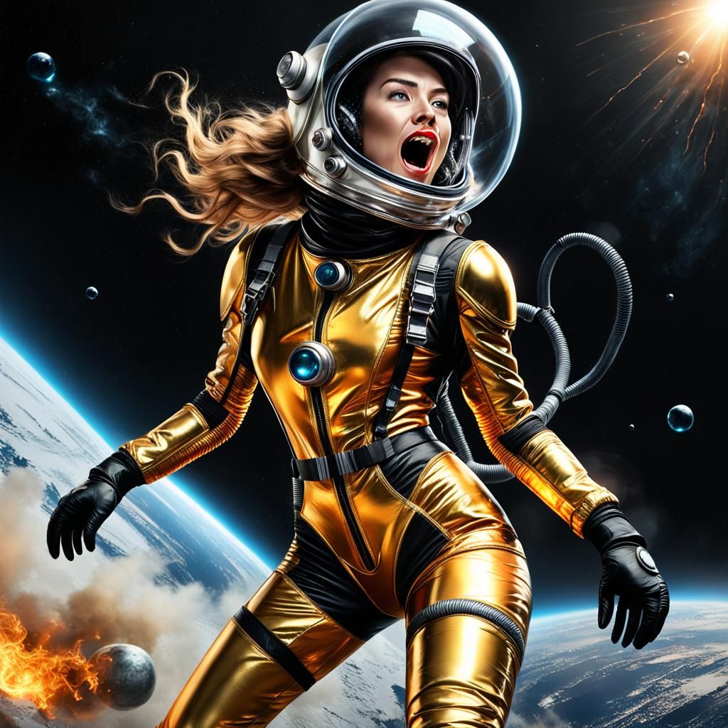 Astronaut Woman Screaming in Fear, Hyperrealistic Space Art