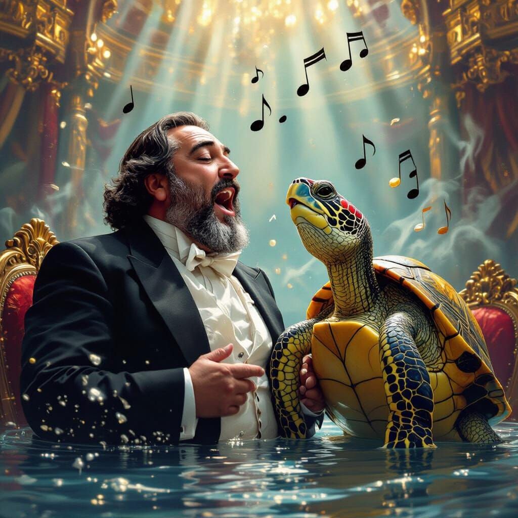 Turtle Opera Duet in Opulent Hall: Hyperrealistic Art