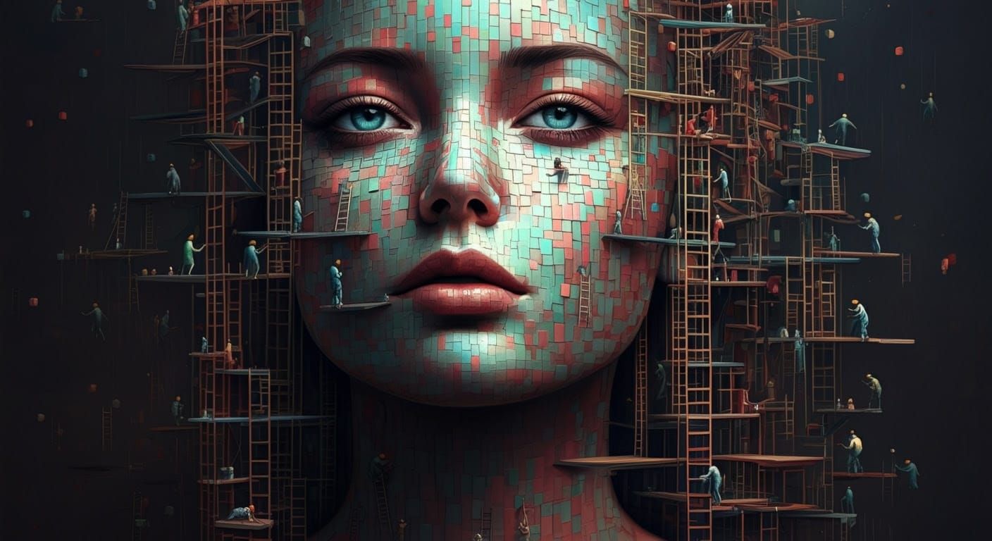 Vibrant, Geometric Portrait of a Woman Constructed by Tiny C...