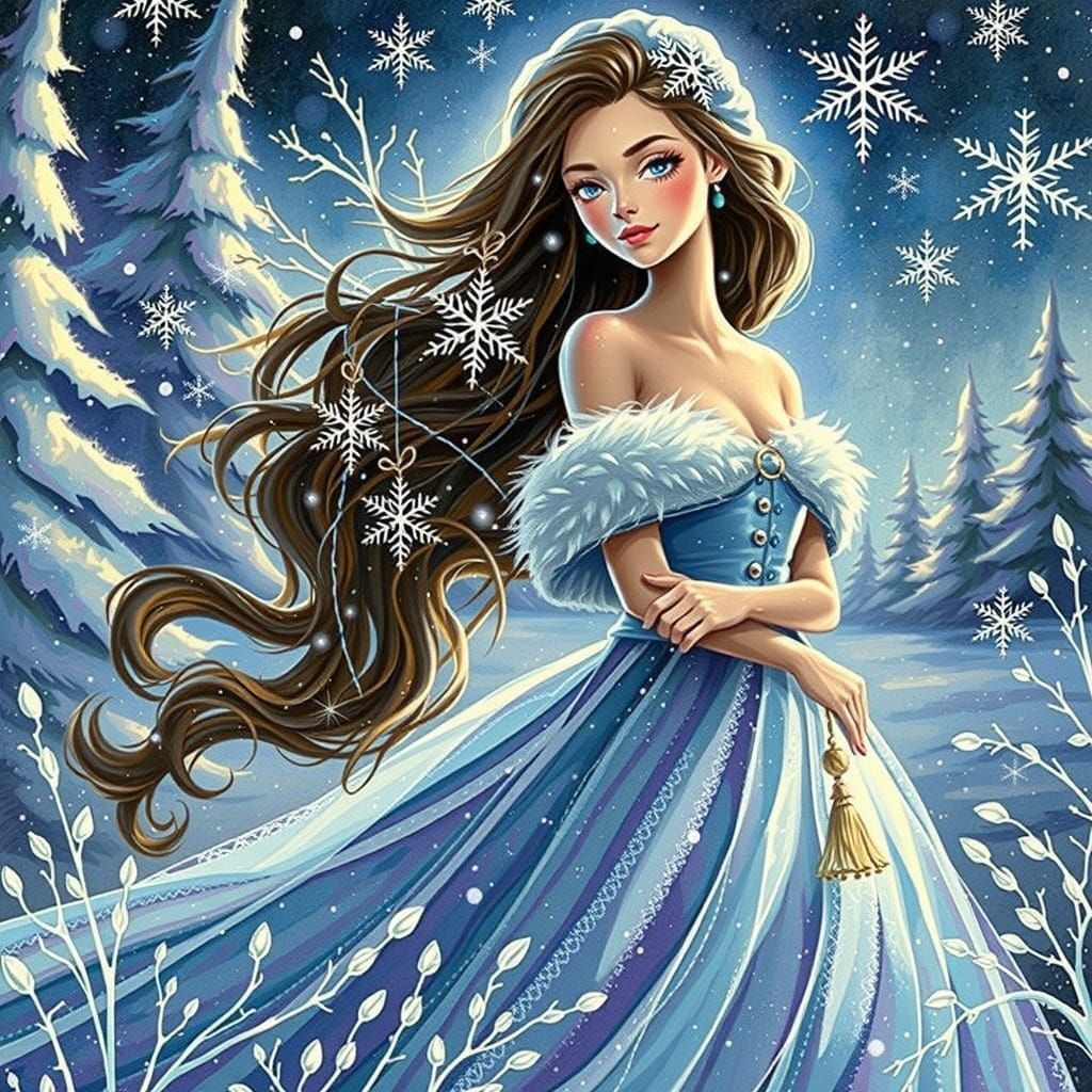 Snow Maiden Inspired Woman in Blue Coat Holding Christmas Tr...