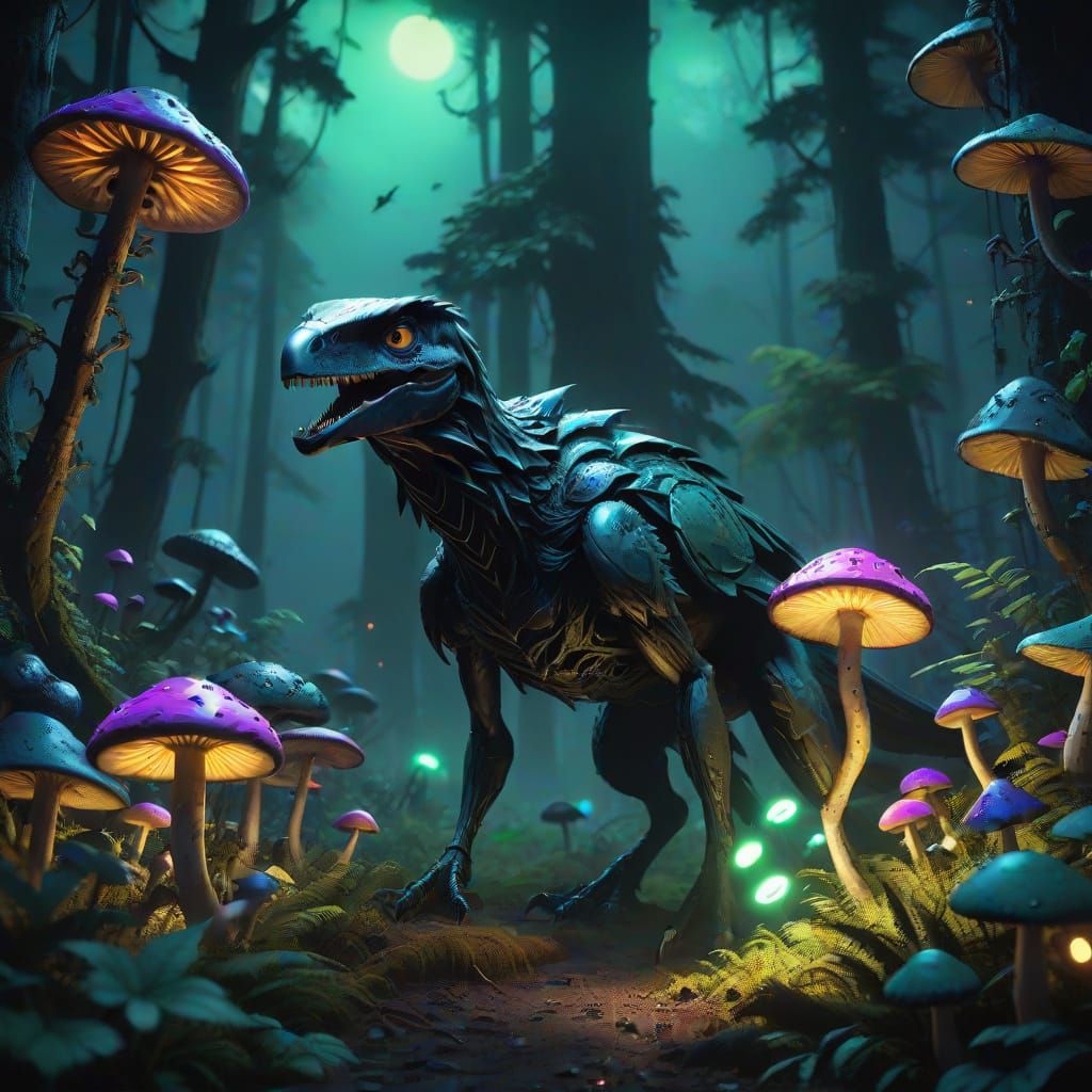 Menacing Dark Fantasy Raptor Hunts in a Neon-Lit, Moonlit Fo...