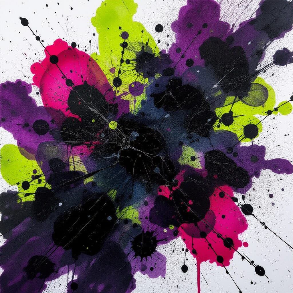 Abstract Ink Splatters: Black, Purple, Magenta, Lime Green