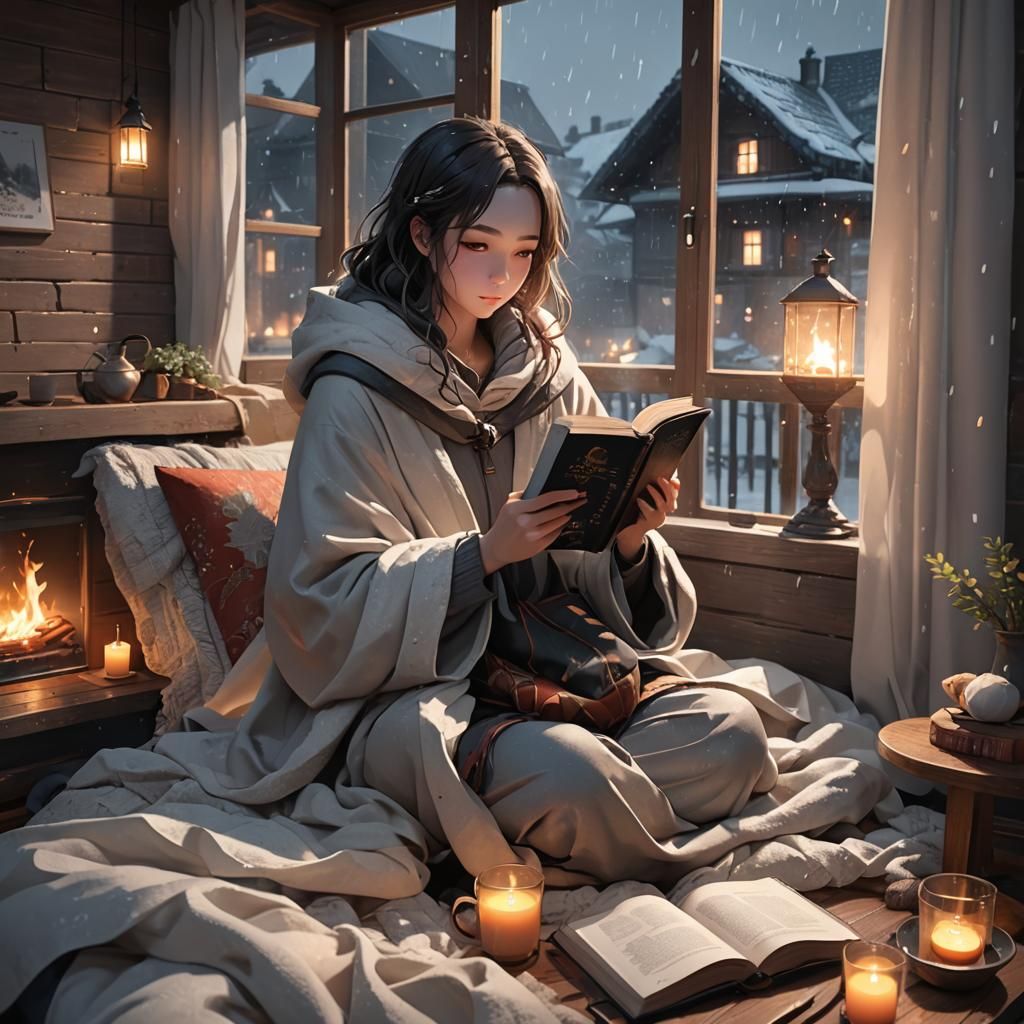 Cozy Anime Girl Reading by Firelight