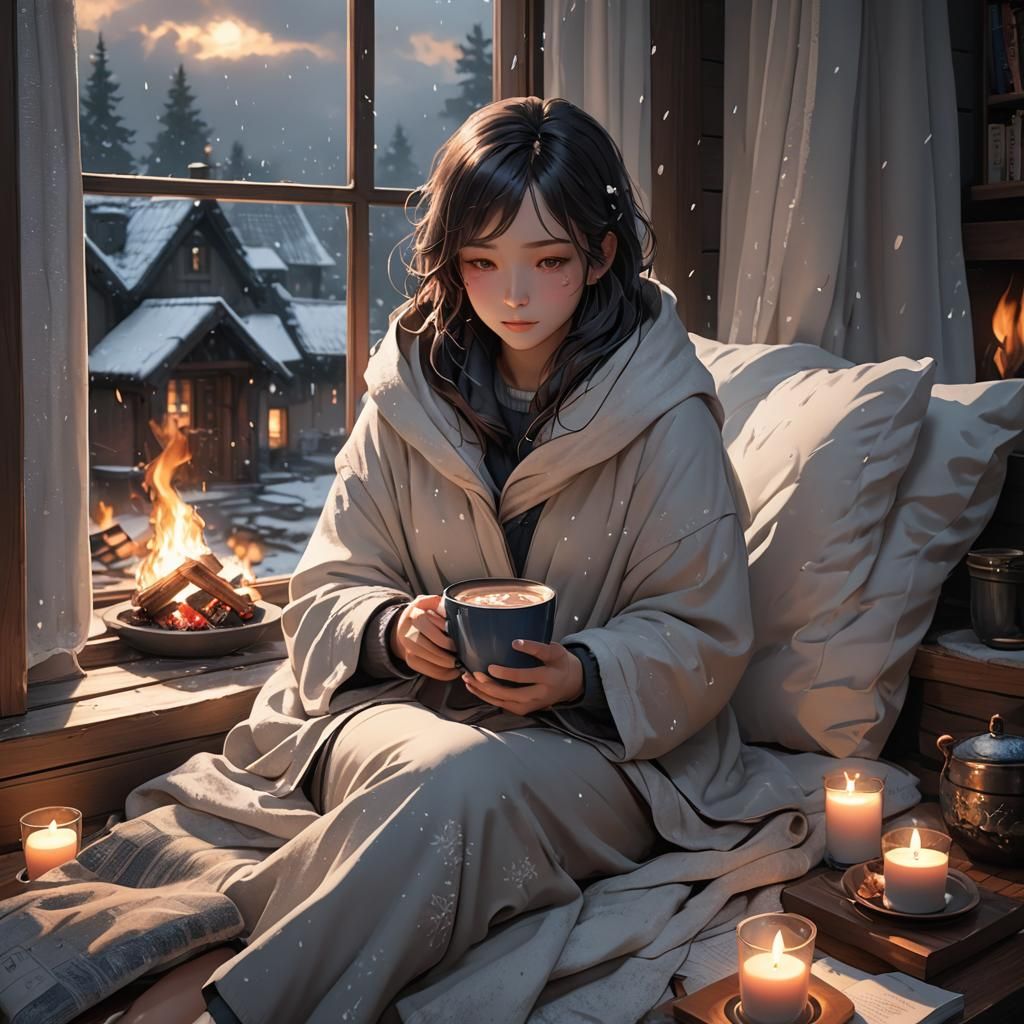 Cozy Anime Girl Reading by Fire with Hot Cocoa