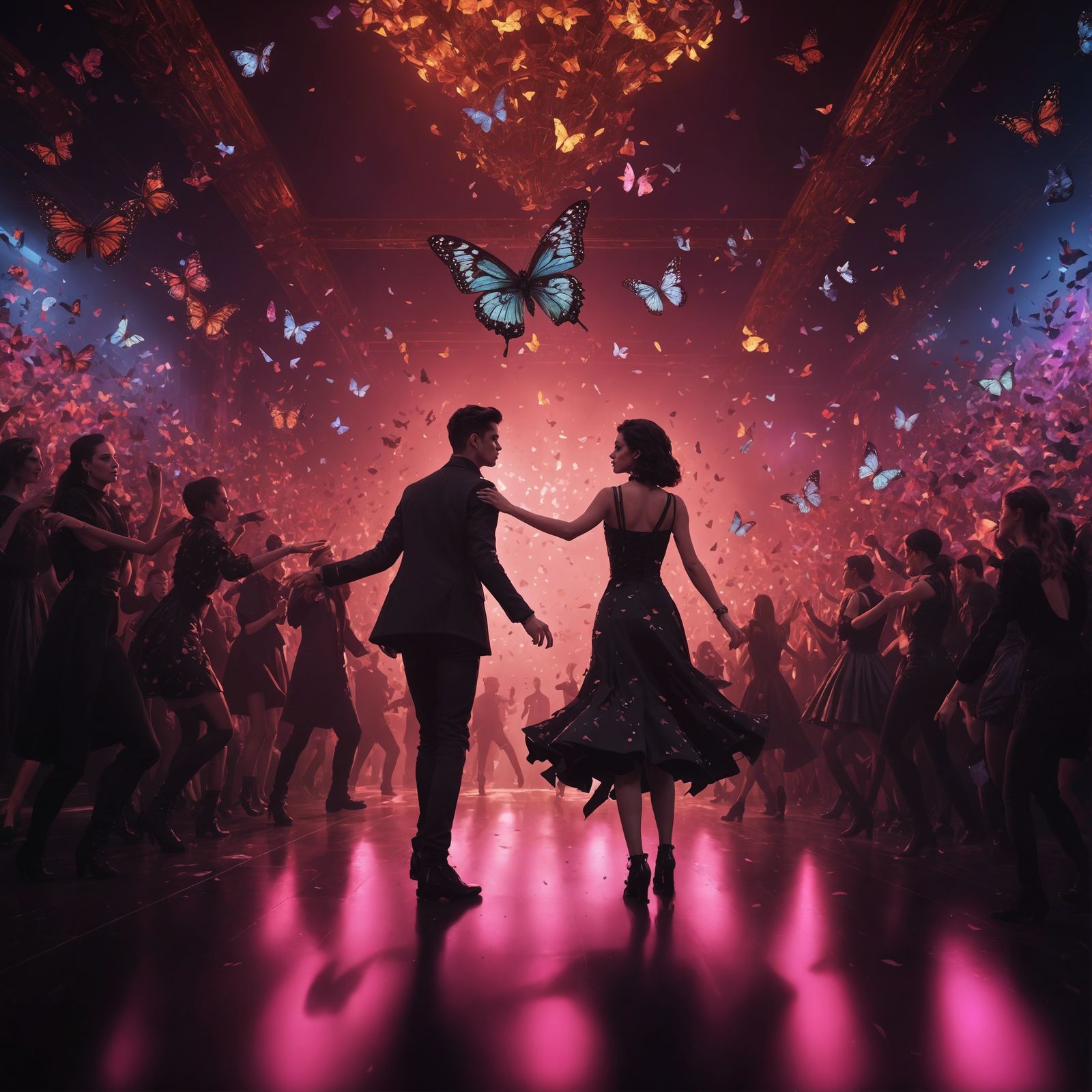 Goth Nightclub Scene with Dancing People and Butterflies