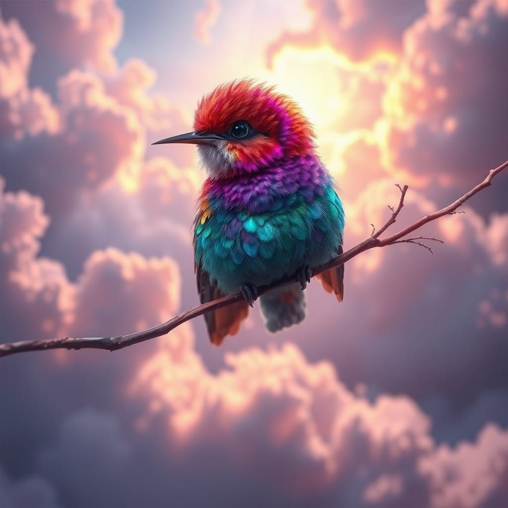 Iridescent Baby Air Bird on Filigree Branch