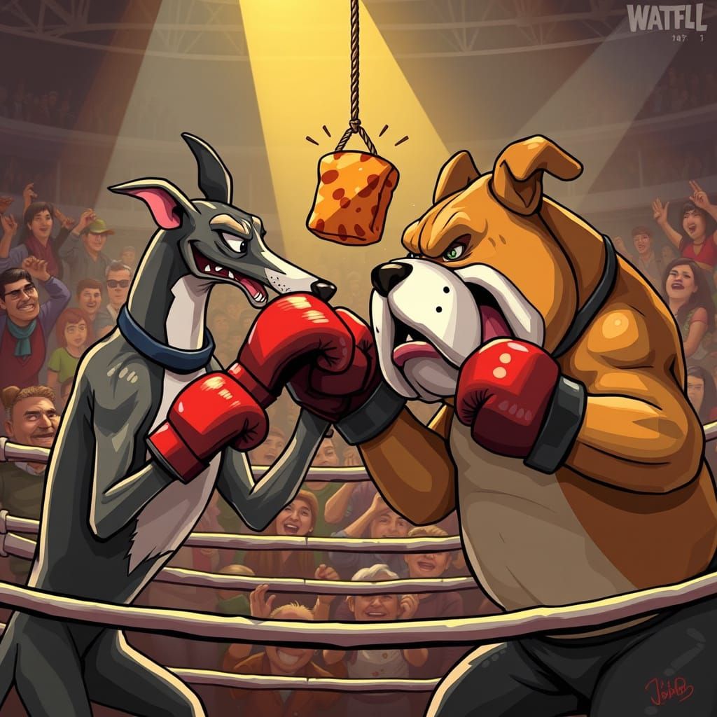 Anthropomorphic Dogs Boxing for a Snack