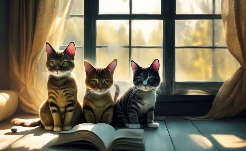 Siamese and Tabby Cats in Sunny Window