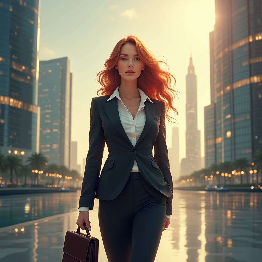 Confident Futuristic Businesswoman in Prosperous Cityscape