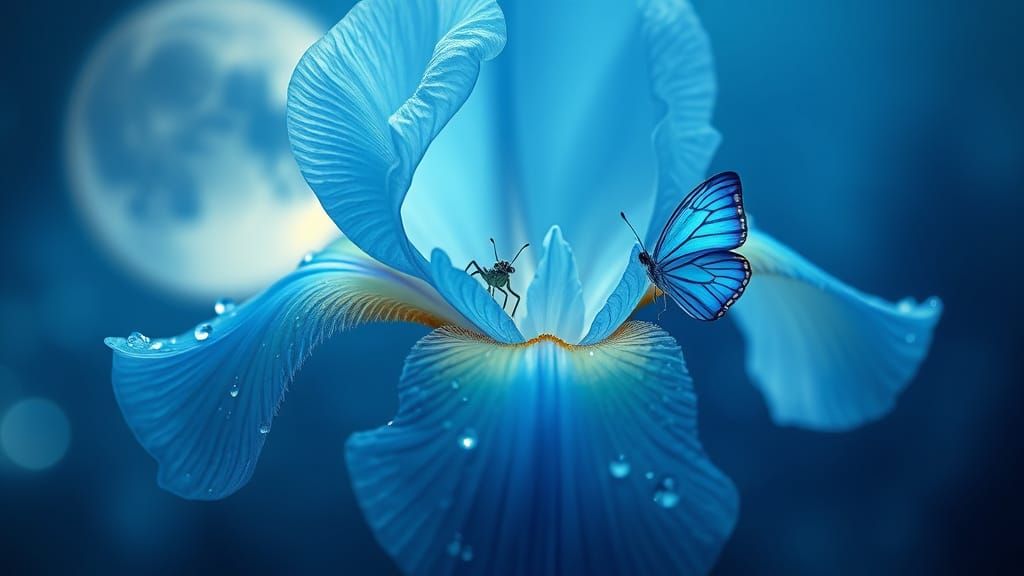 Bioluminescent Iris with Butterfly in Moonlight