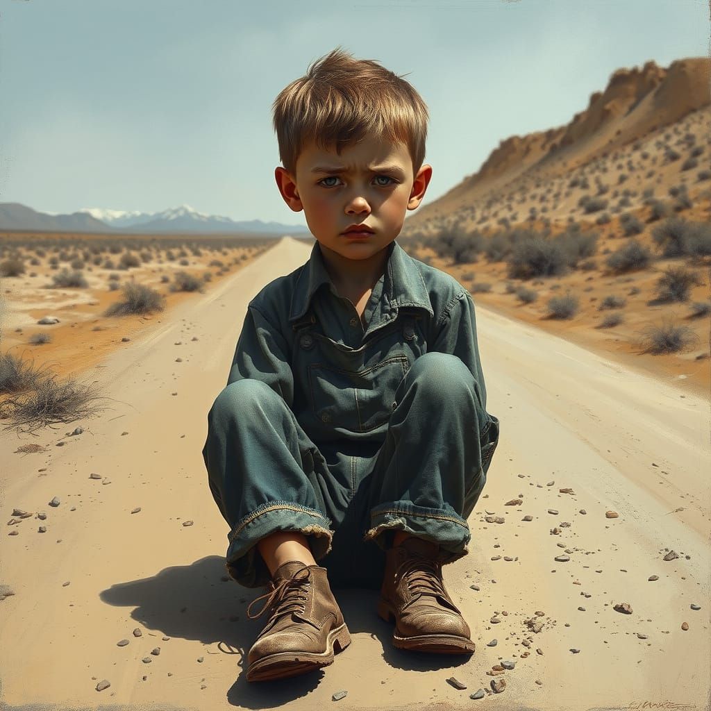 Young Boy's Despair in a Barren Landscape