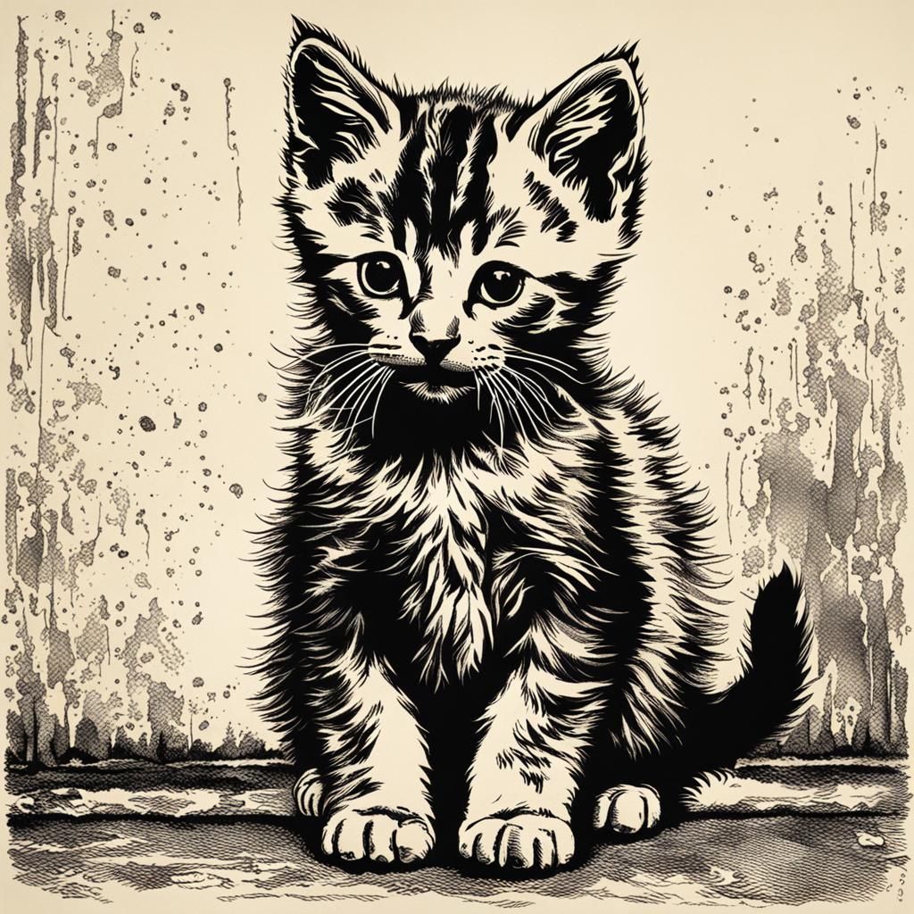 Surprised Kitten: Simple Etching Style