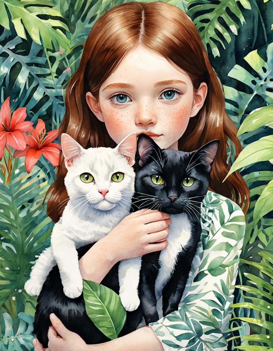 Girl with Cat in Jungle Watercolor Illustration