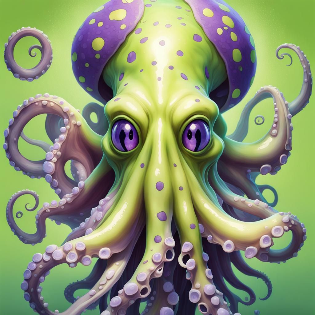 Green Cephalopod Portrait with Blonde Tentacles