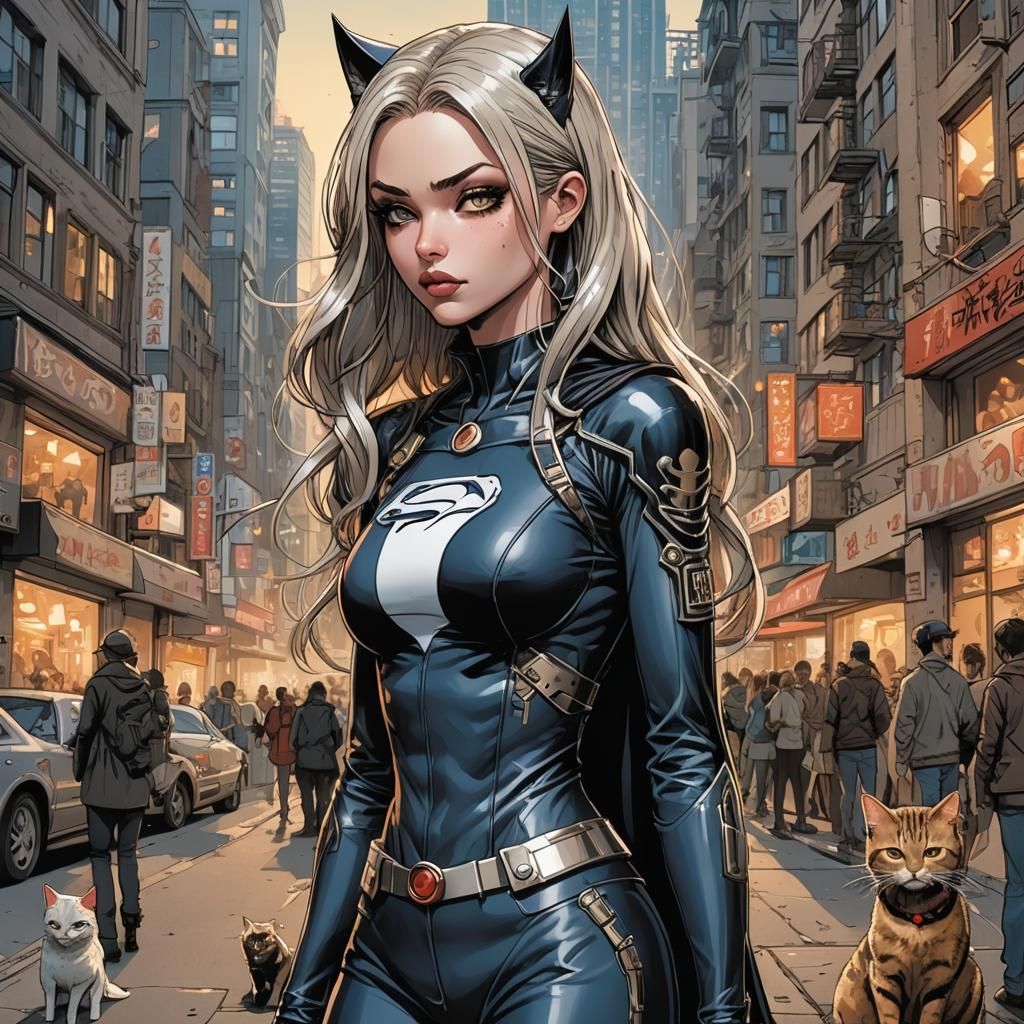 Alluring Supergirl with Cat and Coffee in Fantasy Style