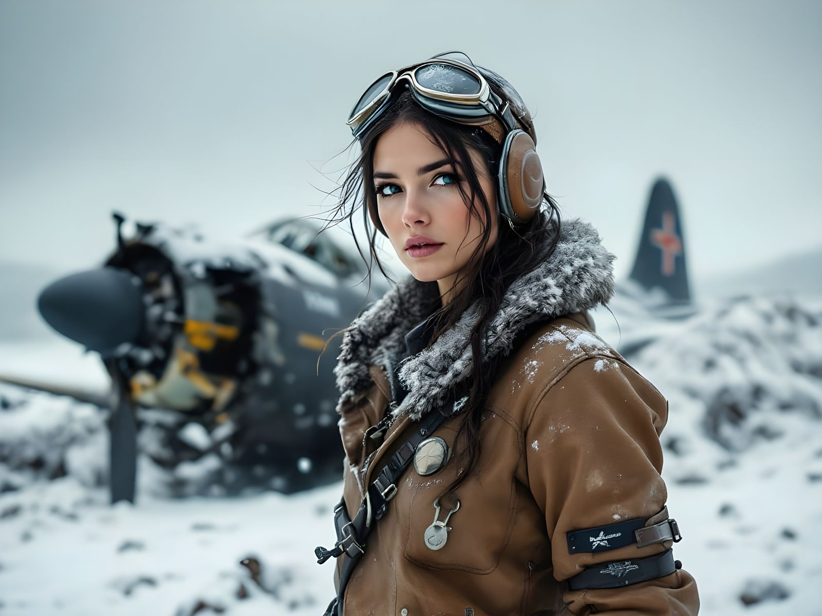 Resilient Pilot in Snowy Storm, 1950s Fighter Plane Wreckage...