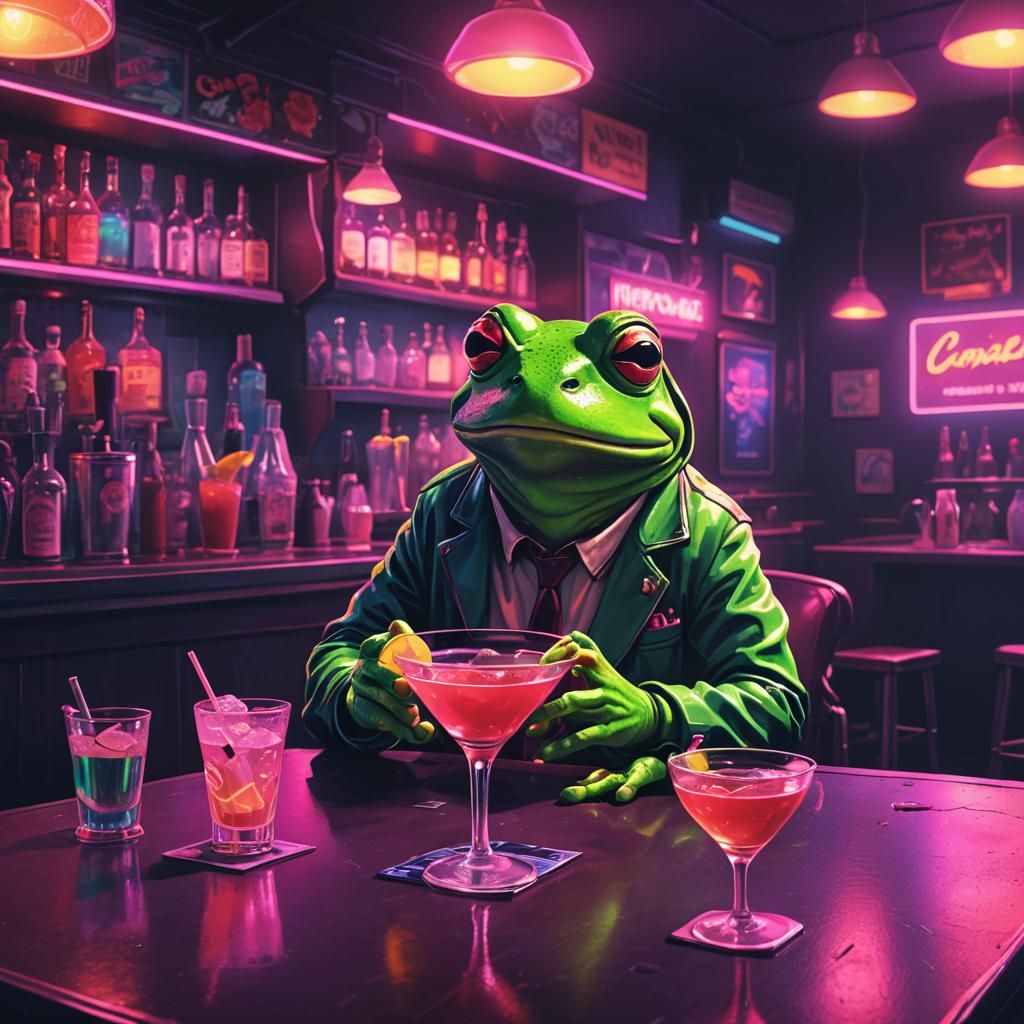 Frog Sipping Cocktail in Neon Synthwave Bar