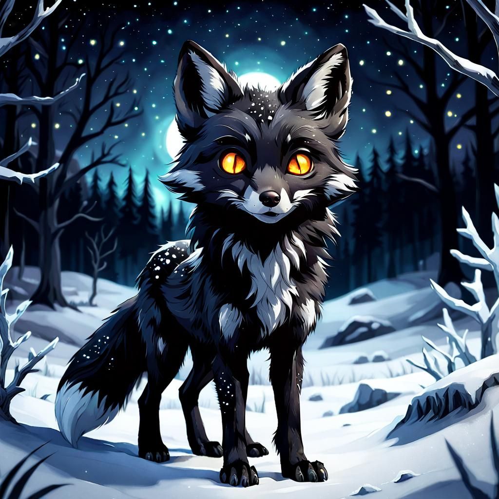 Undead Black Fox in Frozen Winter, Watercolor Style