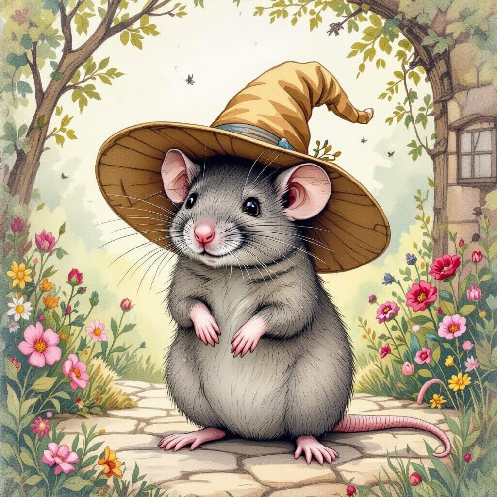 Rat in Floppy Hat: Whimsical Watercolor Illustration
