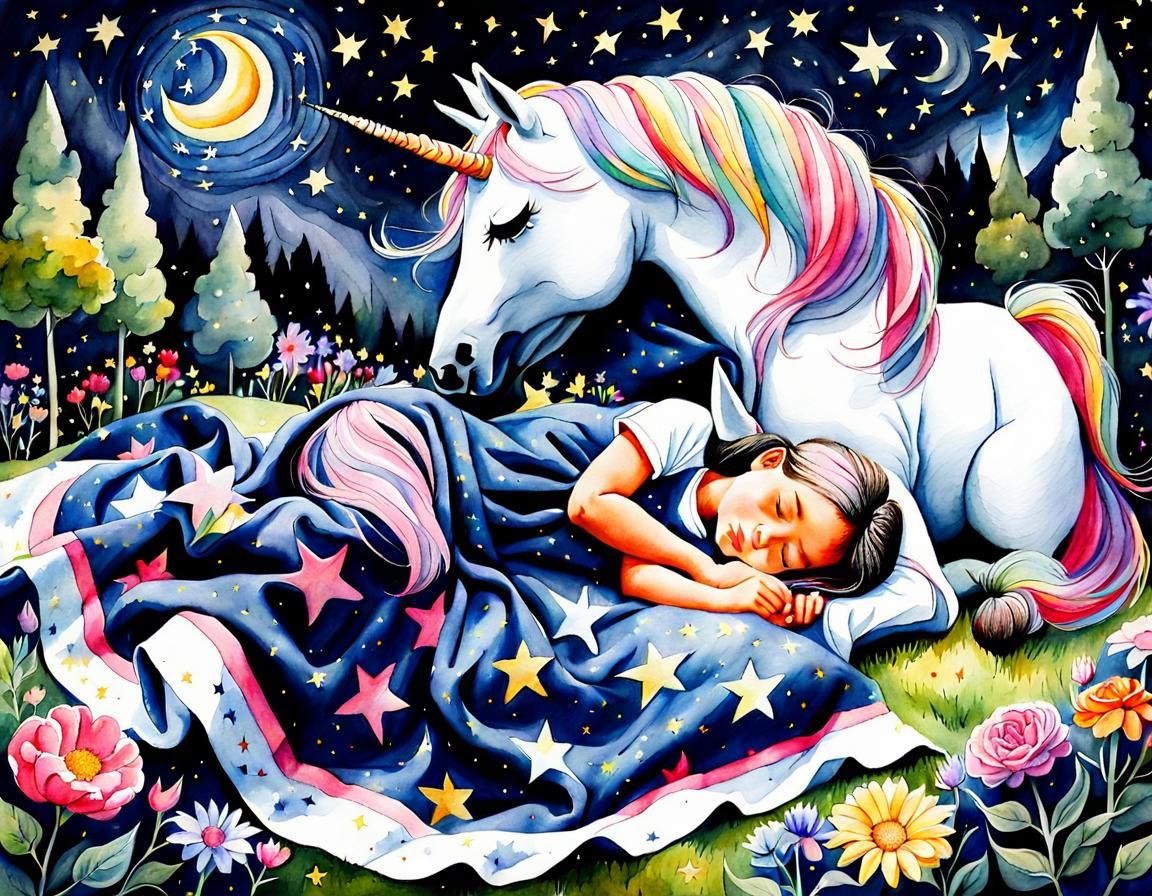 Girl and Unicorn Sleep in Starry Garden: Watercolour