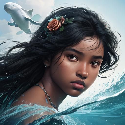Child, Beluga, and Roses in Hyperrealistic Style