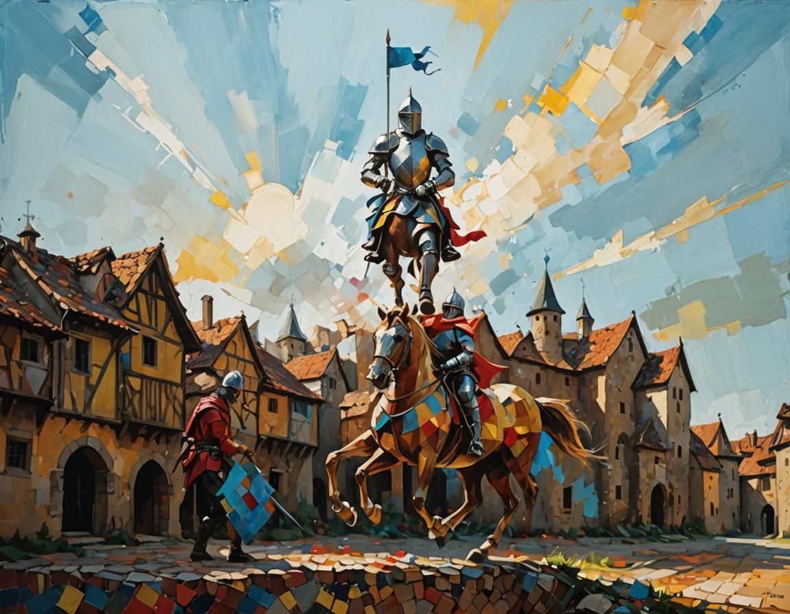 Vibrant Medieval Village Scene in Expressive Geometric Style