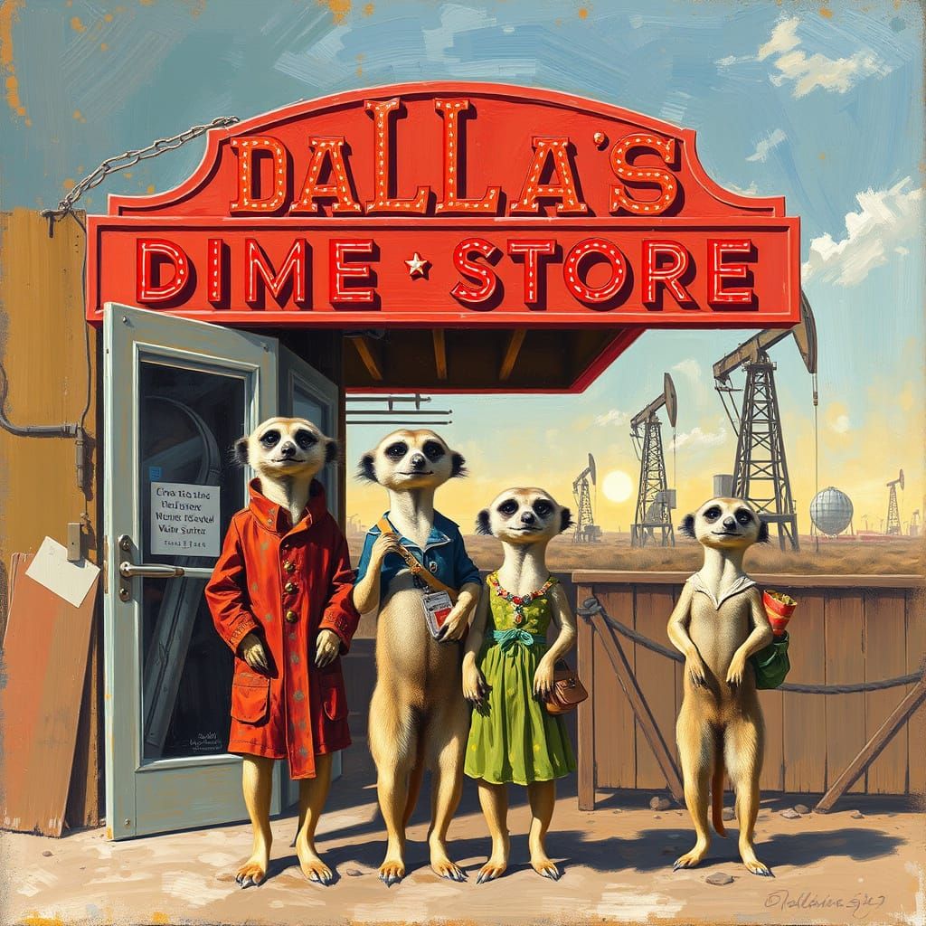 Meerkat Family at Dallas Dime Store, Impressionistic Paintin...
