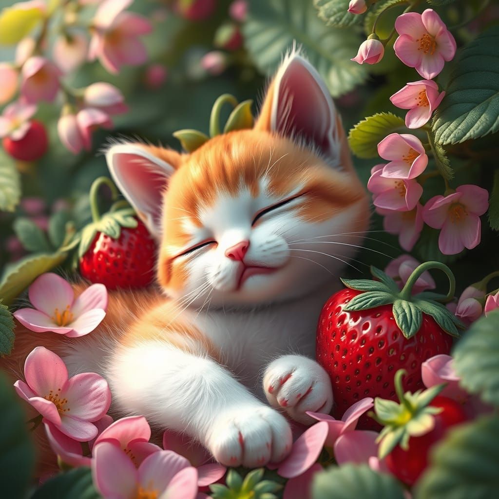 Surreal Feline-Strawberry Hybrid Basks in Dreamlike Landscap...