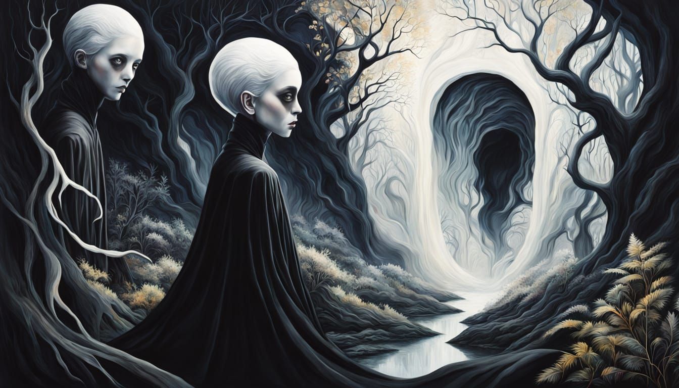 A surreal landscape where black and white vegetation surroun...