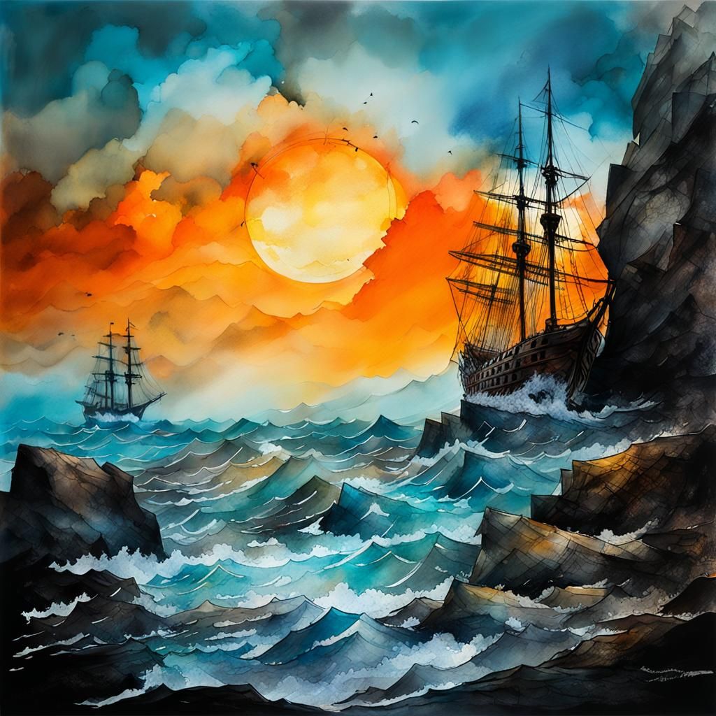 Sailing Ship Wrecked on Rocky Shore in Maritime Art