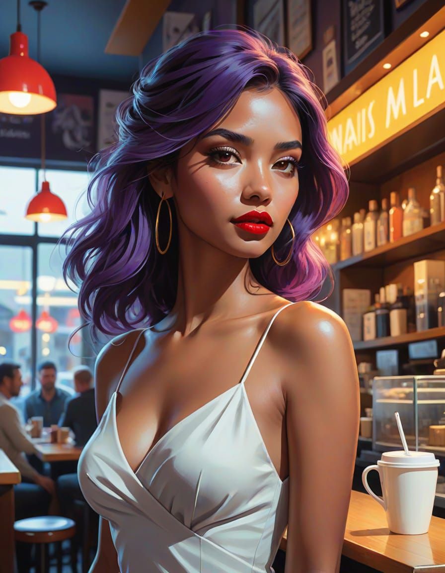 Confident Latina Girl in Vibrant Fantasycore Coffee Shop Sce...