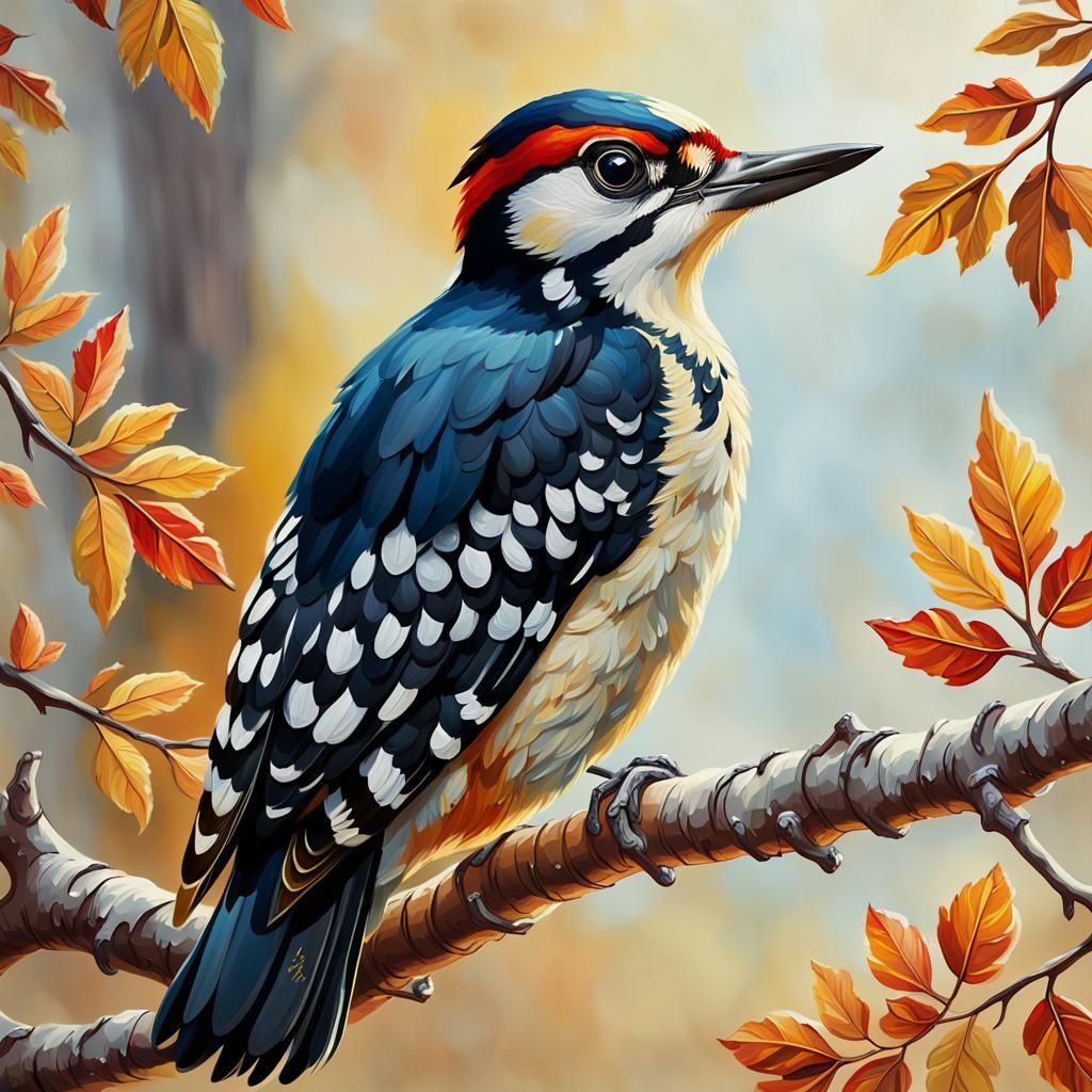 Woodpecker on Autumn Branch as Impasto Oil Painting