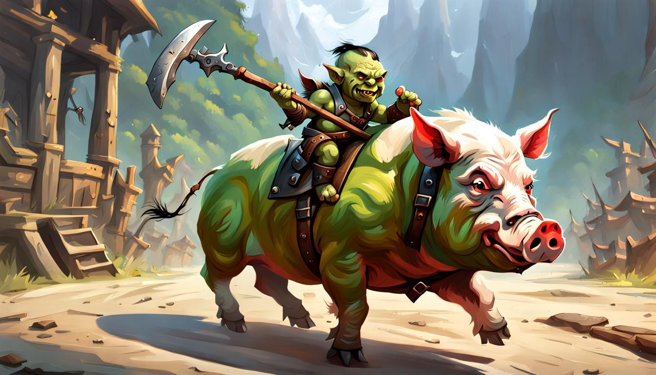 Orc Toddler Rides Pig in Fantasy Art