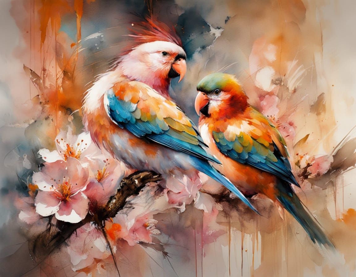 Vibrant Lovebirds on Cherry Blossom Branch