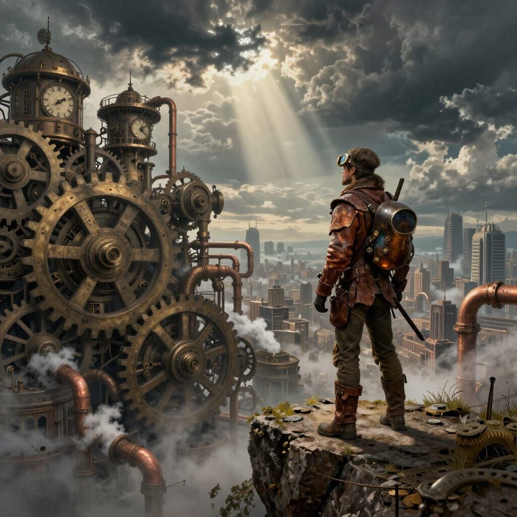 Steampunk Cityscape with Adventurer on Clockwork Cliff
