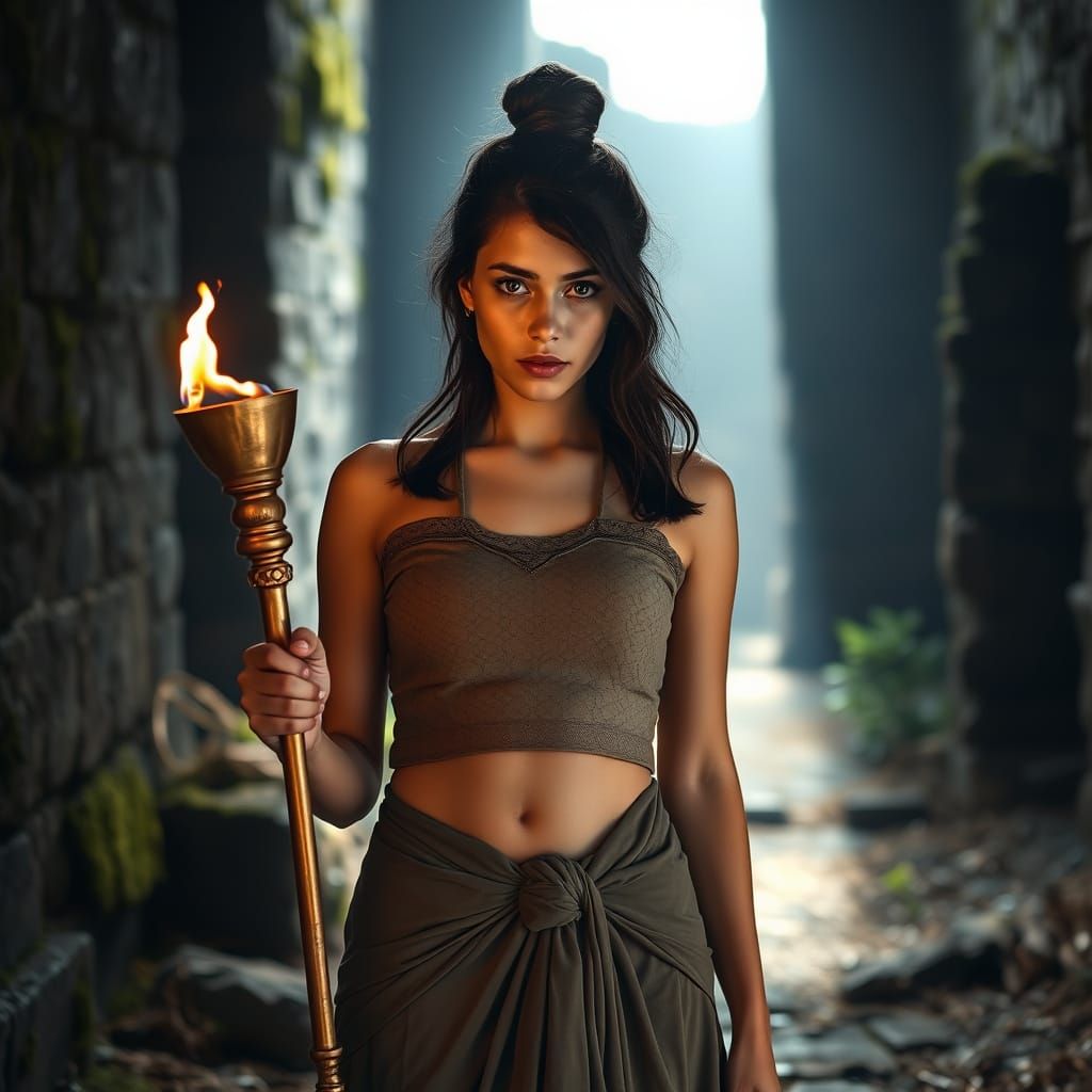 Contemplative Woman with Torch in Ancient Ruins